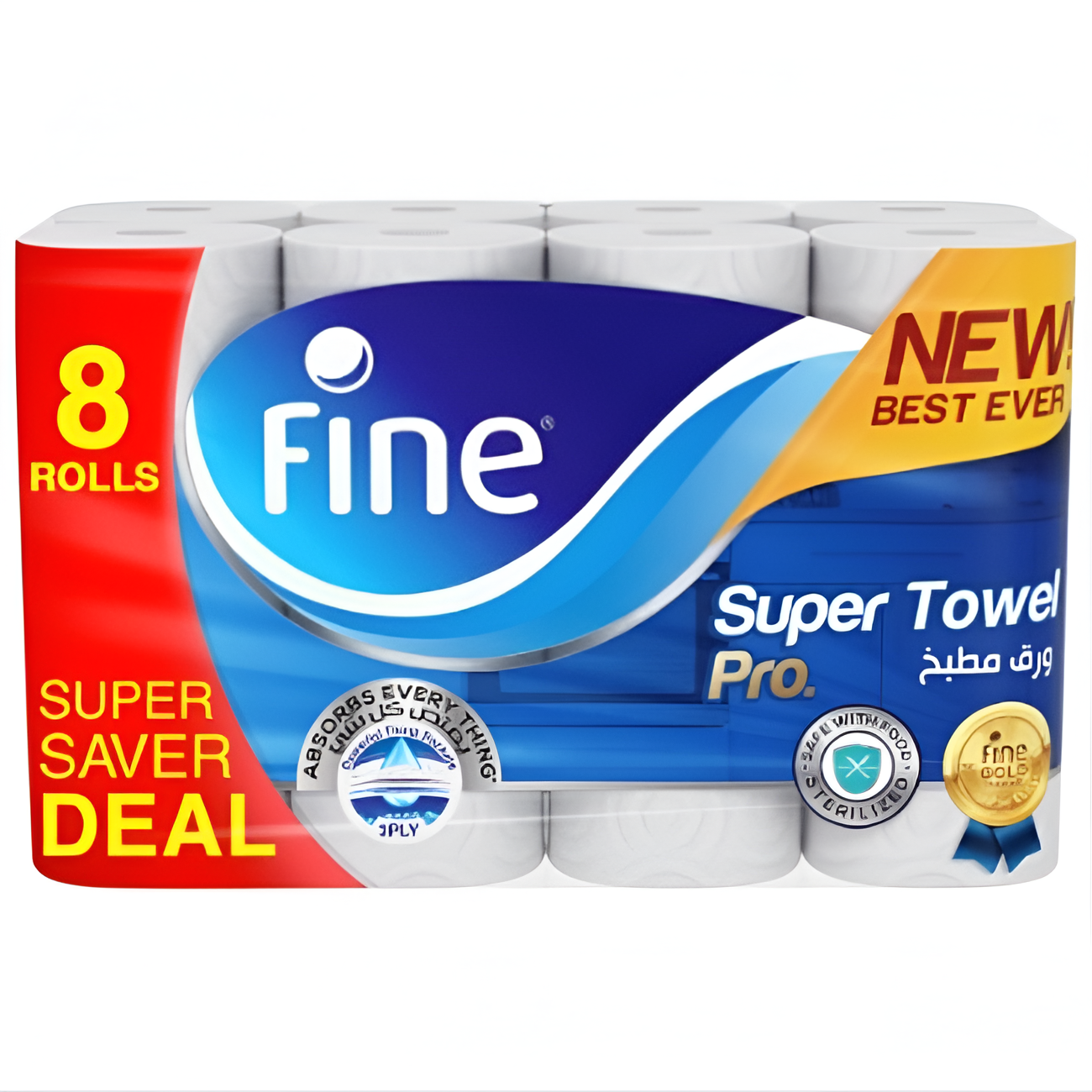 Fine Super Pro Kitchen Paper Towels – 60 Sheets (8 Rolls), 3-Ply